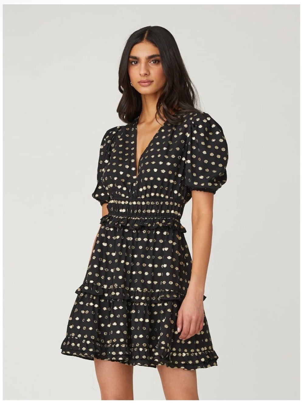 Shoshanna Elia Black & Gold Metallic Clip Dot Cocktail Mini Dress Size 6 NWOT